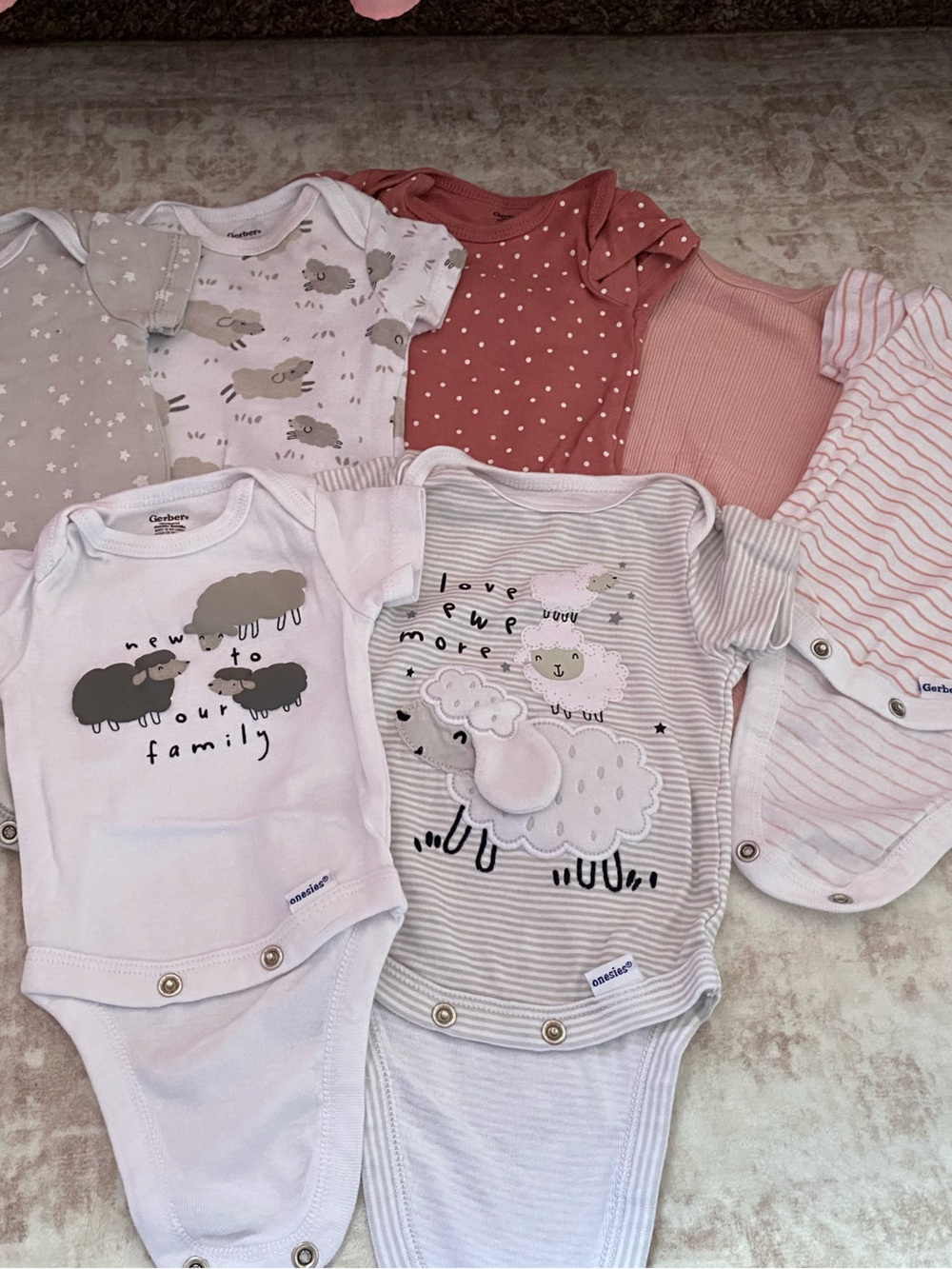 Gerber Pink and White Baby Onesies - Sheep & Stripe Set